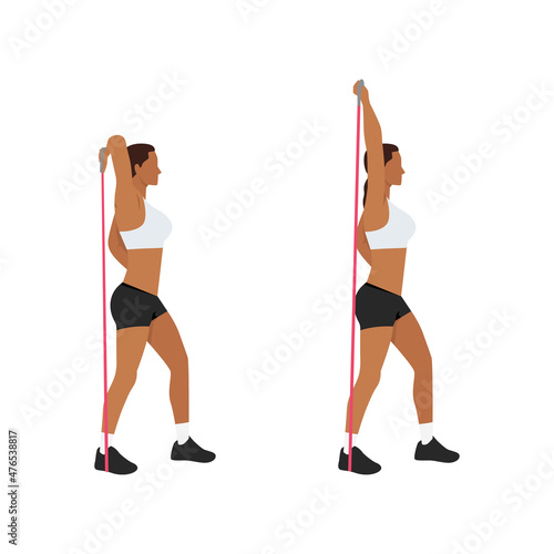 Woman doing Resistance band tricep overhead extensions exercise. Flat vector illustration isolated on white background