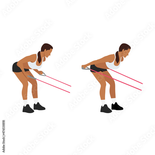 Woman doing Resistance band tricep kickbacks exercise. Flat vector illustration isolated on white background