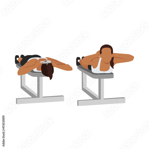 Woman doing Lying face down plate neck resistance exercise. Flat vector illustration isolated on white background