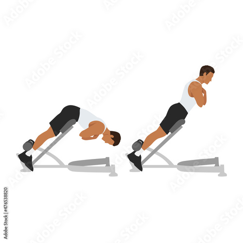 Man doing Back extensions. Hyperextensions exercise. Flat vector illustration isolated on white background