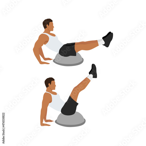 Man doing Bosu ball v ups exercise. Flat vector illustration isolated on white background