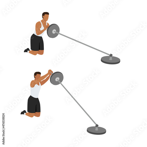 Man doing Kneeling T bar presses. Landmine presses exercise. Flat vector illustration isolated on white background