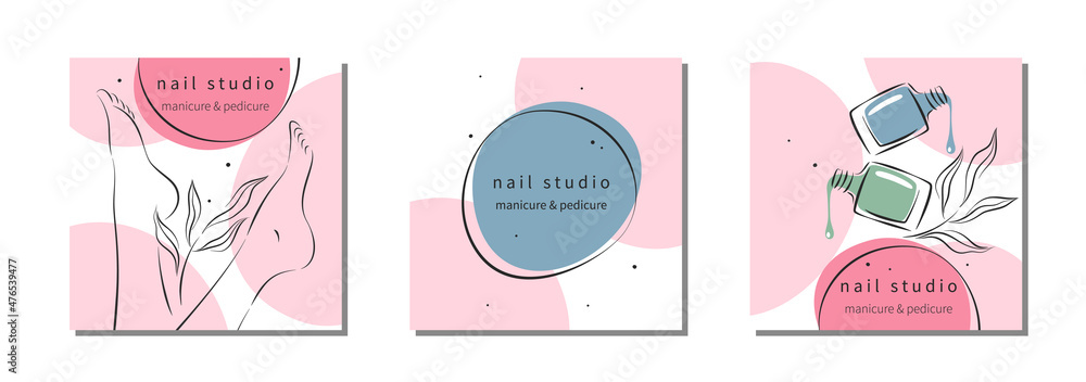 Manicure and pedicure. Well-groomed female feet, nail polish. Set of design for nail studio. Vector illustrations
