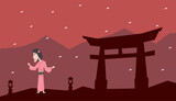 An illustration of a girl with Kimono under the Torii gate