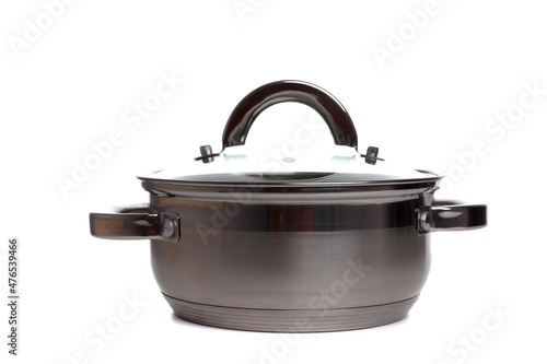 empty stainless steel saucepan with lid side view