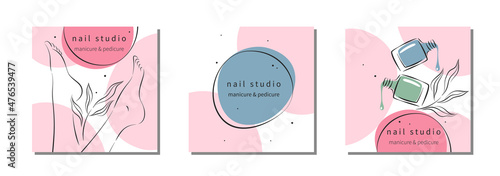 Manicure and pedicure. Well-groomed female feet, nail polish. Set of design for nail studio. Vector illustrations
