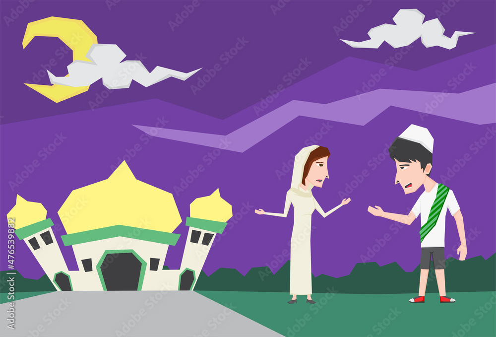 An illustration of a boy and girl in front of mosque at the night An illustration of a boy and girl in front of mosque at the night