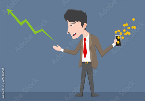 An illustration of businessman get some gold coin on the smartphone