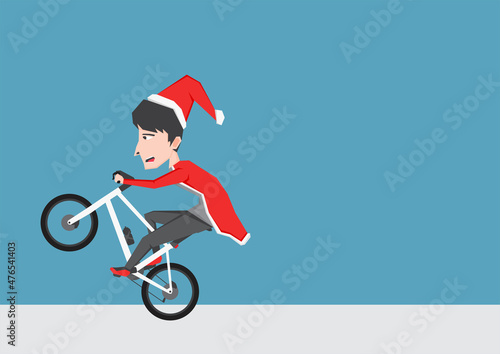 Simple illustration of boy with Santa Claus costume and riding bike