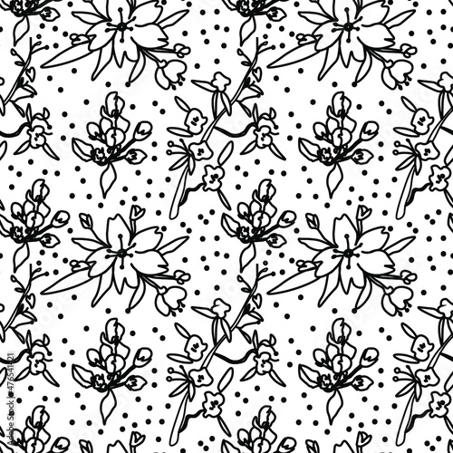 Seamless vector pattern with black line sakura on transparent background. Spring  botanical  Asian print in doodle style hand drawn.Designs for textiles fabric wrapping paper packaging social media.