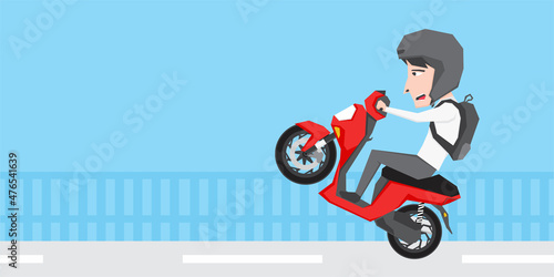 An illustration of a man riding scooter and doing some wheelie 
