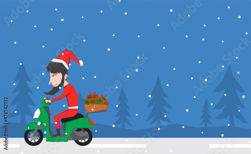An illustration of Santa Claus riding scooter in the snowy road and bring some gift