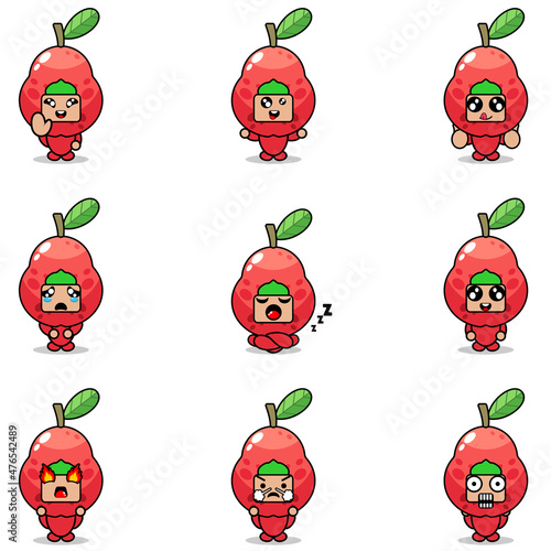 vector illustration of cartoon character mascot costume set of water guava fruit expression bundle