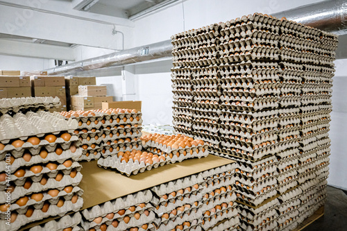 Eggs from chicken farm in the package that preserved for sale. Defocused