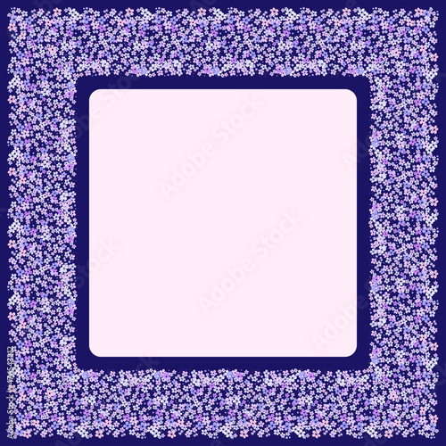 Vector pattern frame in a square of small blue pink, purple flowers, for the design of a shawl, scarf, hijab. Dark blue background with place for text in the center photo