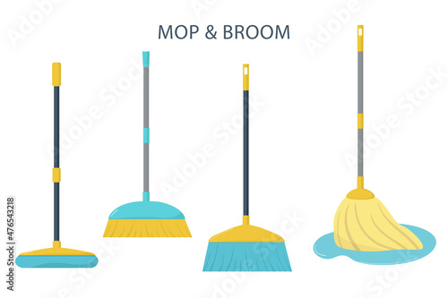 Collection brooms and mops for floor home hygiene vector cartoon pictures.