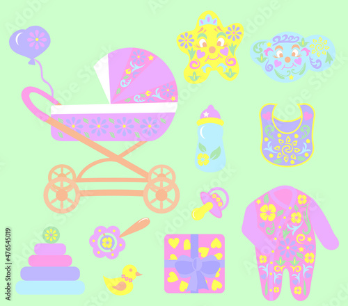 A set of children's objects for stickers. Cute illustrations of baby products. A poster with beautiful items for toddlers. Simple drawing style in pastel colors. Pictures for parents.