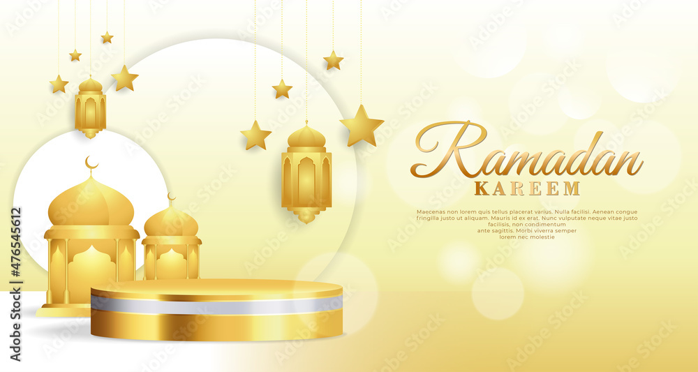 Islamic 3D Ramadan Background with golden mosque minarets