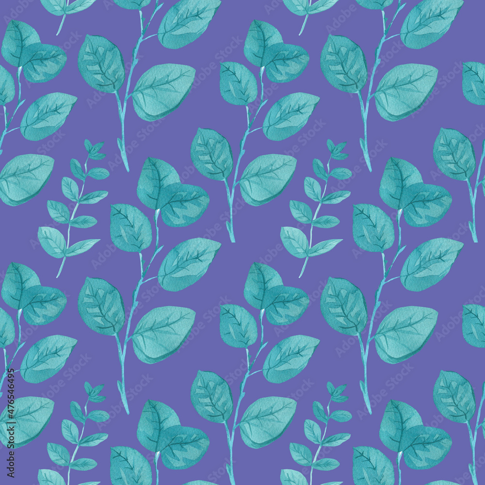 Watercolor seamless pattern with turquoise eucalyptus on trendy color 2022 Very Peri.Summer,botanical,herbal,textural hand drawn print.Designs for textiles,fabric,wrapping paper,packaging,social media Watercolor seamless pattern with turquoise eucalyptus on trendy color 2022 Very Peri.Summer,botanical,herbal,textural hand drawn print.Designs for textiles,fabric,wrapping paper,packaging,social media