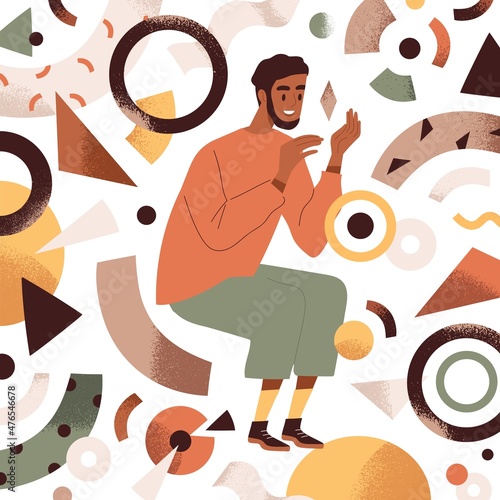 Creative work process. Person creating smth from abstract geometric figures. ...