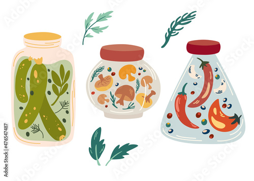 Homemade jars of preserving vegetables. Set of glass jars with preserved vegetables, Pickles, cucumbers, mushrooms and peppers. Fermented veggies. Organic product. Vector illustration