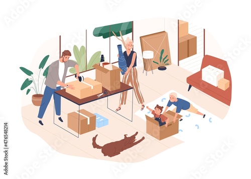 Happy family with kids packing stuff and belongings into boxes. People prepare cardboard packages for relocation, leaving and moving to new home. Flat vector illustration isolated on white background