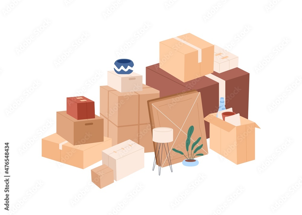 Cardboard boxes pile with personal stuff. Many packed cartons stack with home supplies, ready for moving and relocation. Plenty of packages. Flat vector illustration isolated on white background Cardboard boxes pile with personal stuff. Many packed cartons stack with home supplies, ready for moving and relocation. Plenty of packages. Flat vector illustration isolated on white background