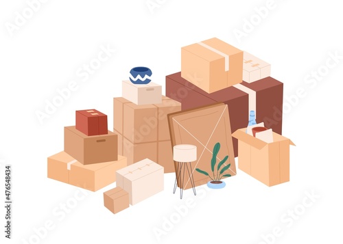 Cardboard boxes pile with personal stuff. Many packed cartons stack with home supplies, ready for moving and relocation. Plenty of packages. Flat vector illustration isolated on white background