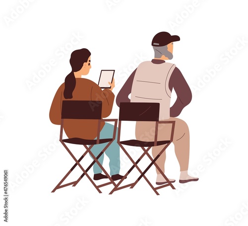 Film director and assistant sitting in chairs during video production process. Backstage of professional man producer, filmmaker, creator work. Flat vector illustration isolated on white background