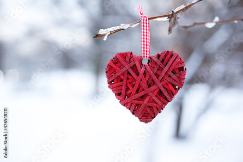 Valentine's day background. Red heart on a branch against a background of snow. High quality photo