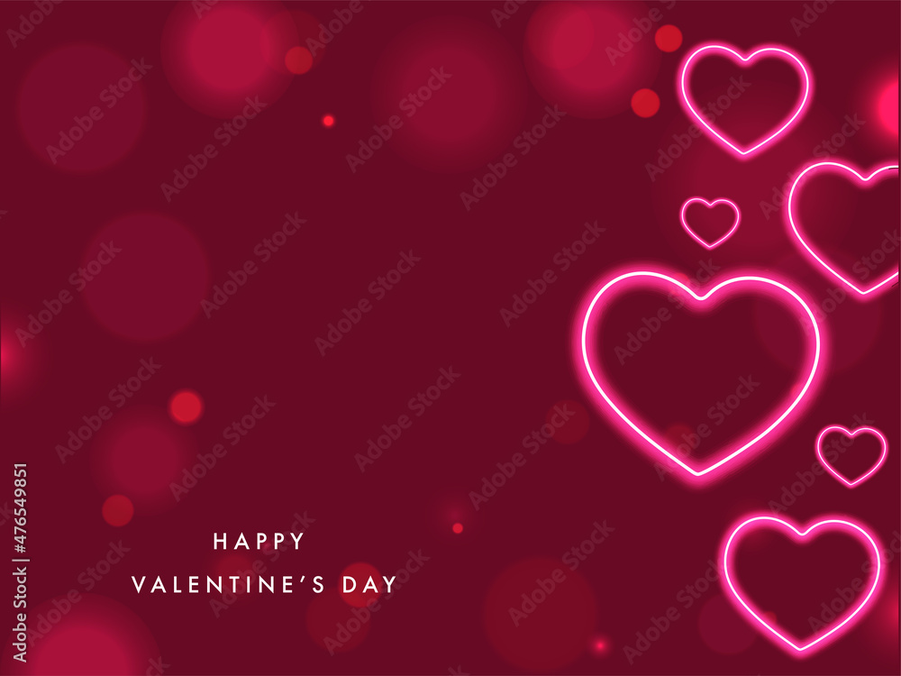 Happy Valentine's Day Concept With Neon Effect Hearts On Red Bokeh Background.