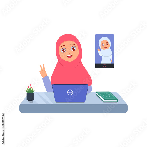 A mother entertains and poses with her child on a video call