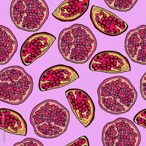 Vector drawn tropic fruits pattern, ripe exotic fruits background, cartoon vector fruits, cut pomegranate, vector pomegranate, decorative fruits, light violet background
