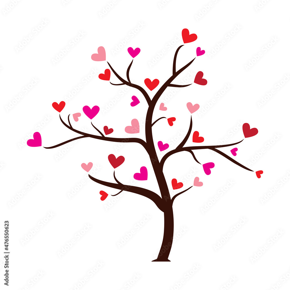 Love tree with heart leaves. Tree with paper leaves and hanging hearts. Jpeg illustration