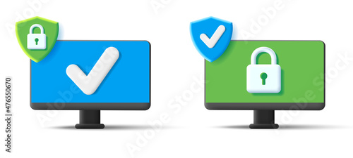 Desktop icon with cyber protection symbols of shield with padlock, 3d illustration