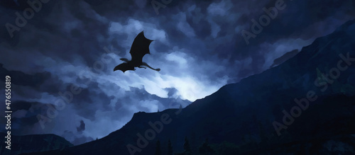 The dragon flies over the mountains, gloomy night sky. Artistic work