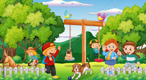 Playground scene with children playing with their animals