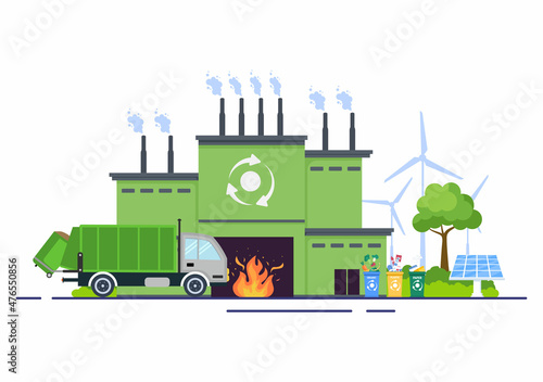 Recycling Ecology Process Flat Illustration Background with Organic Waste, Paper or Plastic Picked up on a Truck and Brought to Burn