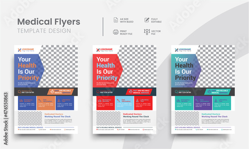 Modern corporate medical business healthcare flyer template layout design. Professional colorful information flyer print-ready vector for hospitals and clinics.