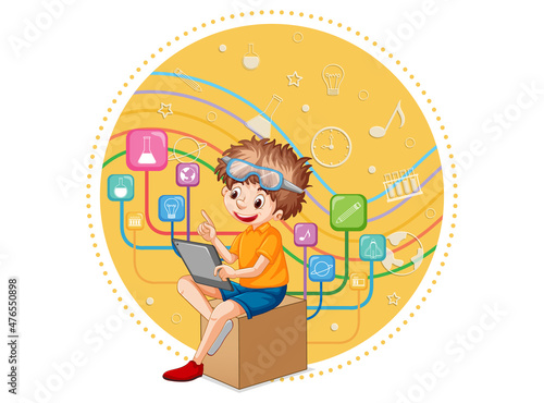 Young boy using tablet with education icons