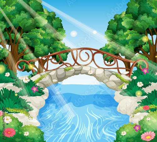 Enchanted garden with stone bridge