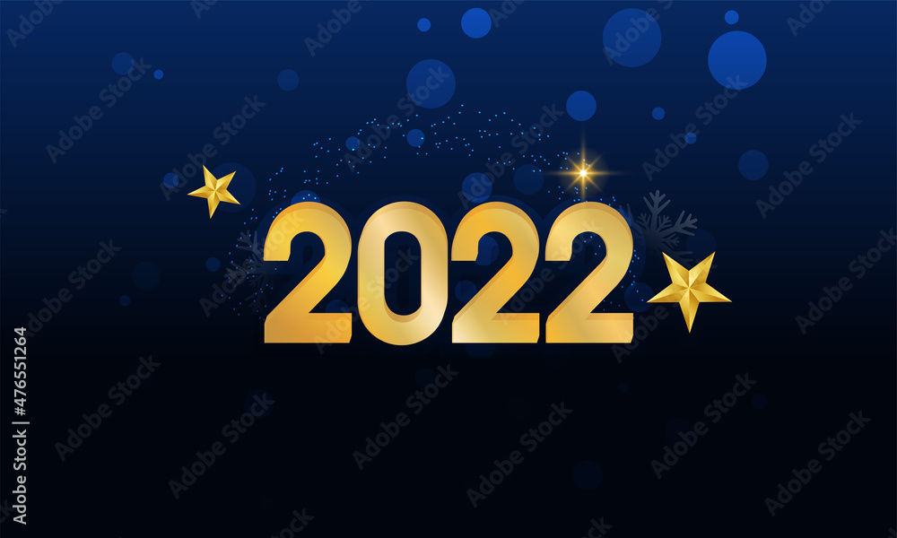 Golden 2022 Number With Stars On Blue And Black Bokeh Background For Happy New Year Concept.