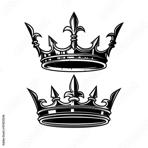 Illustration of king crown in monochrome style. Design element for logo, emblem, sign, poster, t shirt. Vector illustration