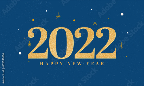 Golden 2022 Happy New Year Font On Blue Background. Can Be Used As Banner Design.
