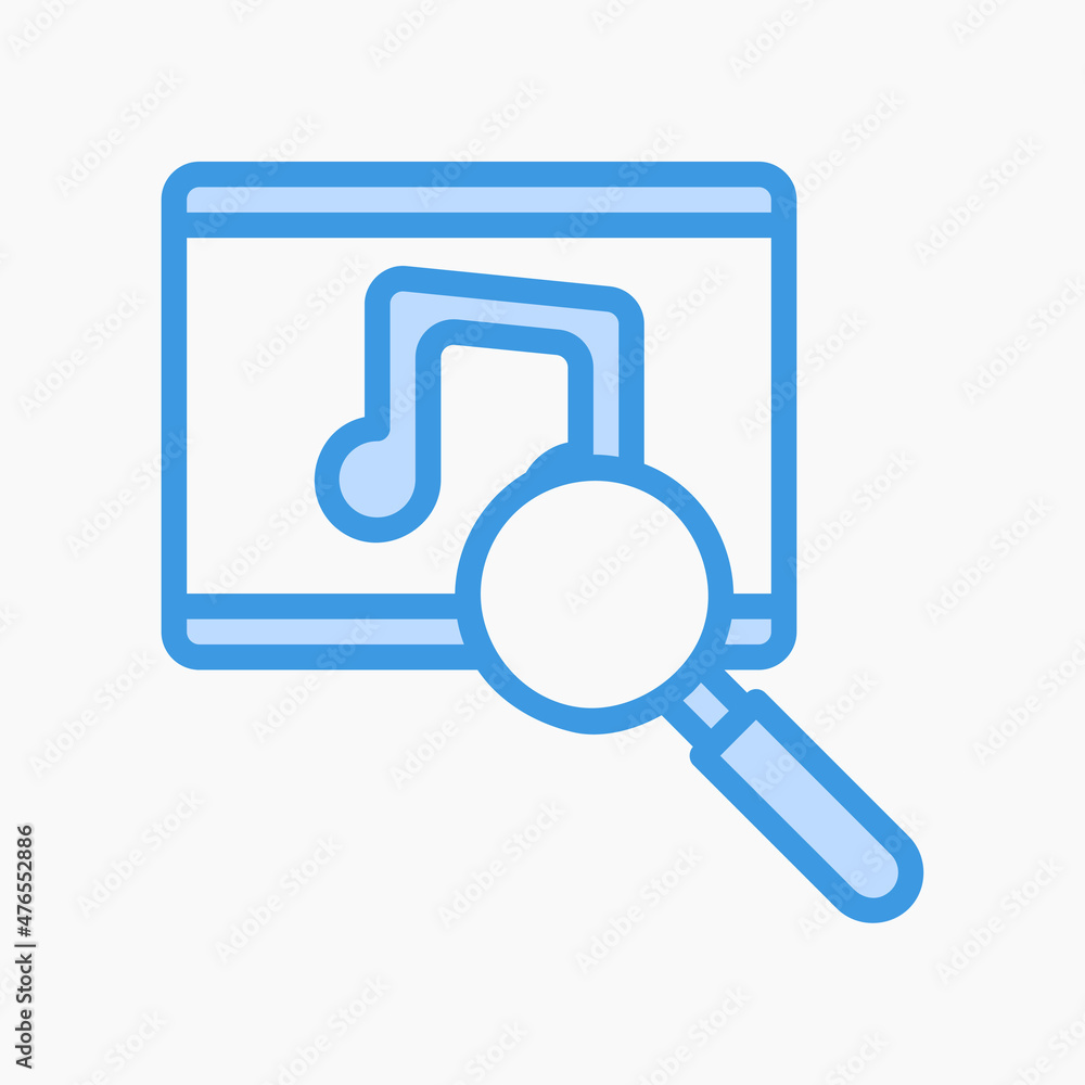 Music search icon in blue style about marketing and seo, use for website mobile app presentation Music search icon in blue style about marketing and seo, use for website mobile app presentation