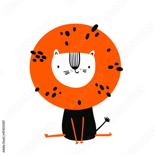 Cute hand drawn cartoon vector orange black smiling lion in Scandinavian style. Nursery poster childish print.
