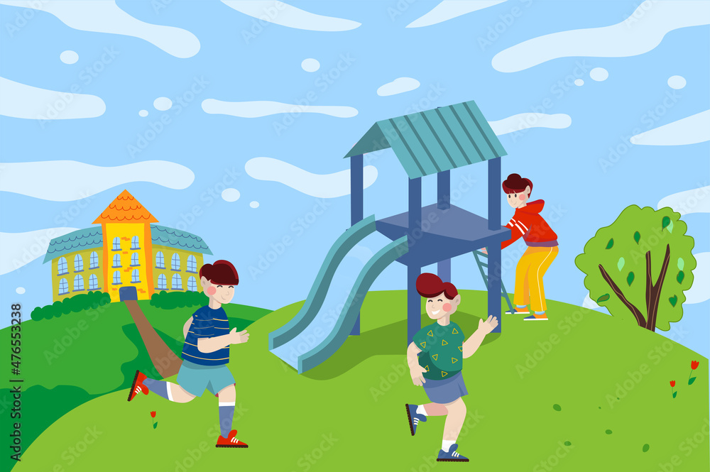 Children playing at playground in cityscape background. Boys run and slide.  Kids pastime on green lawn of school building. Nature scenery at city park.  Vector illustration in flat cartoon design Stock Vector |