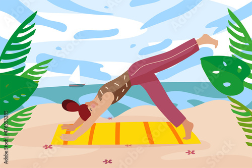 Woman practicing yoga in seacoast background. Young girl doing asanas on mat on sea beach. Physical activity outdoors. Nature scenery at seaside resort. Vector illustration in flat cartoon design