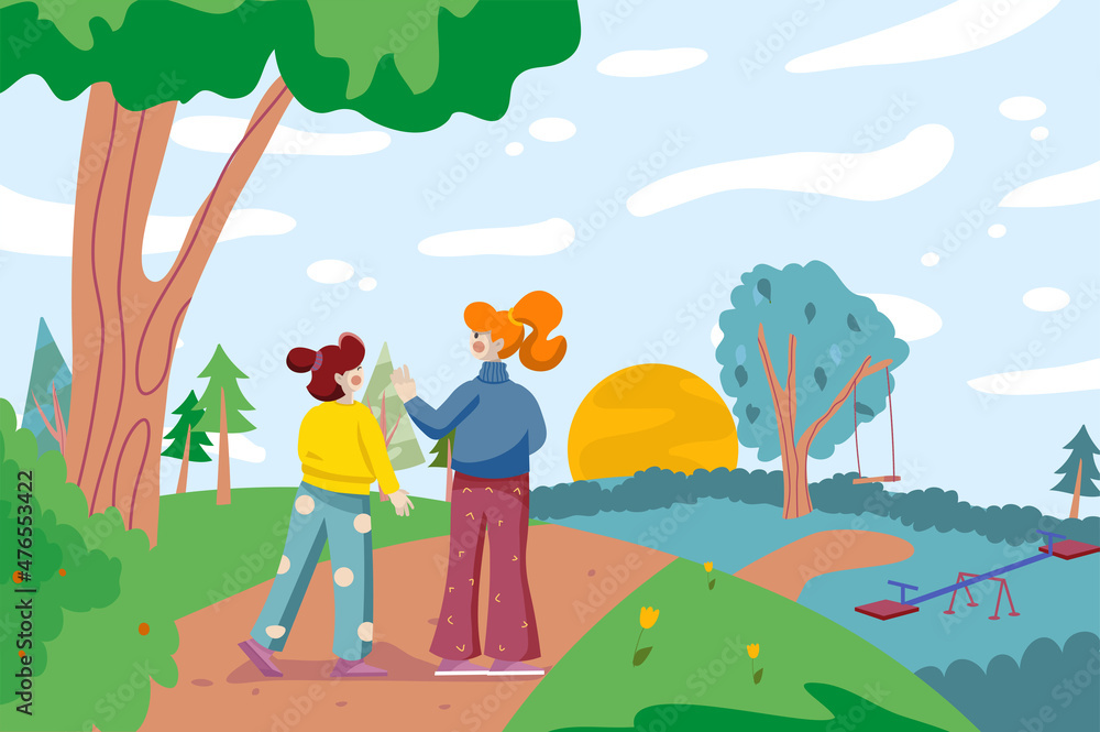 Girls friends spend time together in landscape background. Little girls talking and walking in city park by playground. Natural scenery with green trees. Vector illustration in flat cartoon design