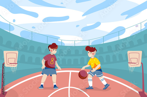 Children team playing basketball at stadium background. Happy boys in uniforms run with ball across field. Sports tournament, training or league competition. Vector illustration in flat cartoon design